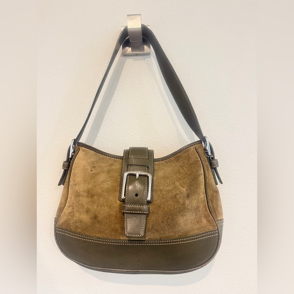 Coach Handbags - Coach Suede Shoulder Bag with Olive Leather Trim Silver Hardware